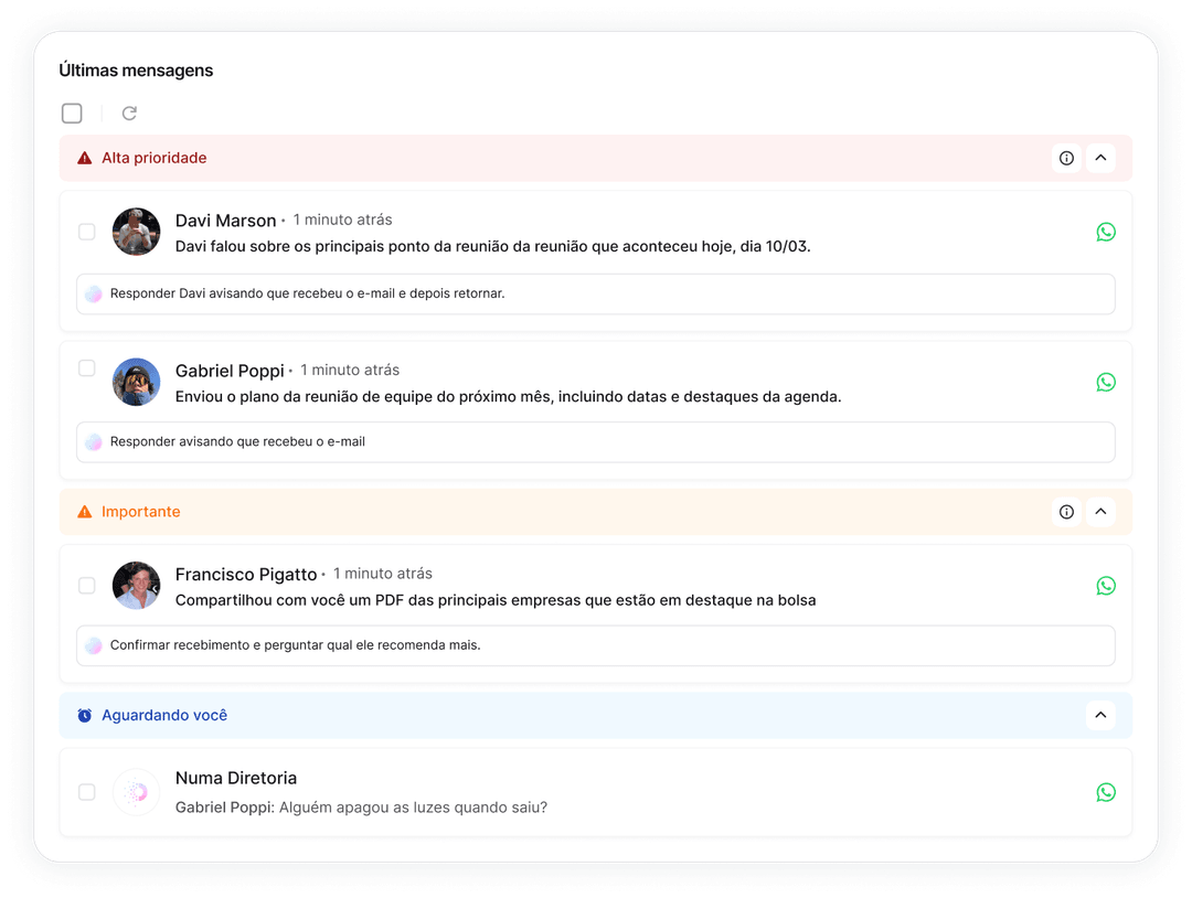 Inbox da Numa mostrando mensagens organizadas por prioridade